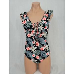 Roxy Softly Love black floral ruffled one piece swimsuit size L juniors